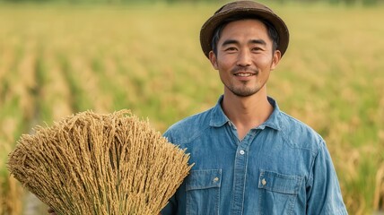 Farmer standing in his rice field holding a bundle of freshly harvested rice, proud of his yield rice industry, farmer's pride