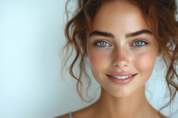 Naklejka premium radiant young woman with flawless skin and dazzling smile illuminated by soft beauty lighting clean white background with subtle product reflections