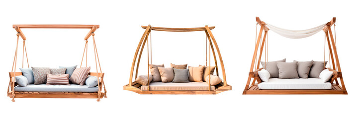 Set of A modern, uncomplicated and cozy outdoor daybed made of wood, hanging elegantly from its own frame and roof.  isolated on transparent background