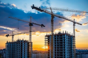 Stunning sunset over construction site featuring cranes and apartment building development