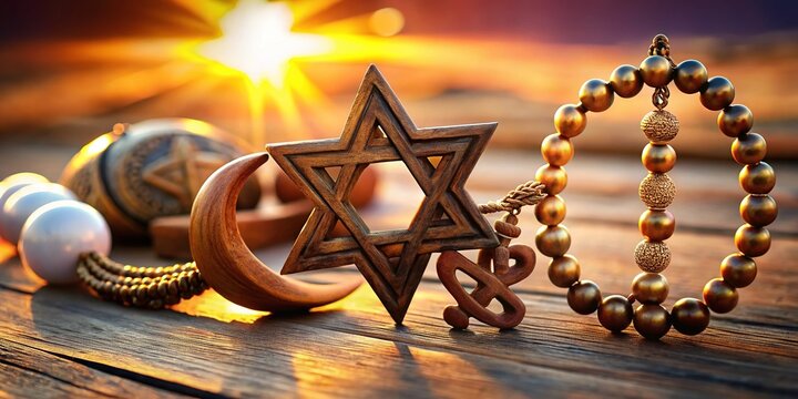 A harmonious arrangement of sacred symbols from diverse faiths, including the Cross, Star of David, Om, Crescent Moon, and prayer beads, on a tranquil background.