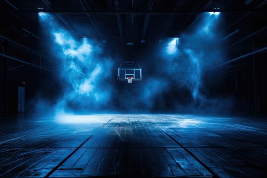 dark and dramatic high school basketball court, basketball hoop, blue smoke, blue led lights