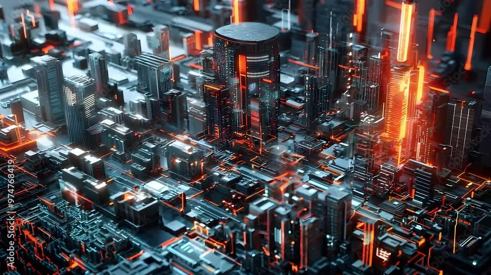 Poster futuristic cityscape with glowing skyscrapers and intricate networks of light creating a vibrant and