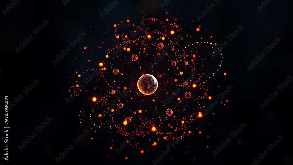 Poster tiny glowing particles orbiting around a nucleus, set against a dark, abstract background to represe