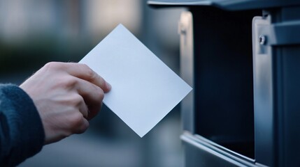 Obraz premium A close up of hand dropping sealed ballot into mailbox, symbolizing act of voting. 