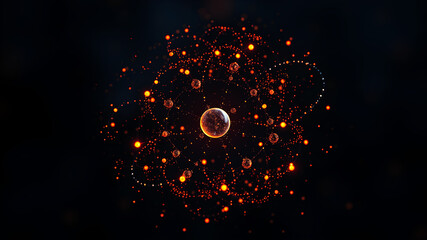 Tiny glowing particles orbiting around a nucleus, set against a dark, abstract background to represent quantum mechanics