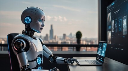 Futuristic Robot at Work on Laptop in Modern Office with City View