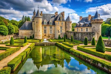 Obraz premium A Historic Chateau With Intricate Stonework, Surrounded By Verdant Greenery And A Moat, In The Heart Of The French Countryside.