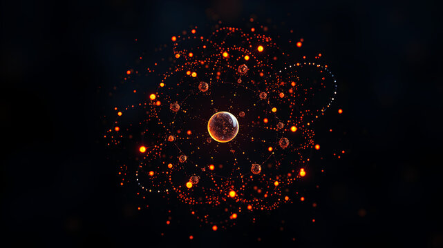 Tiny glowing particles orbiting around a nucleus, set against a dark, abstract background to represent quantum mechanics