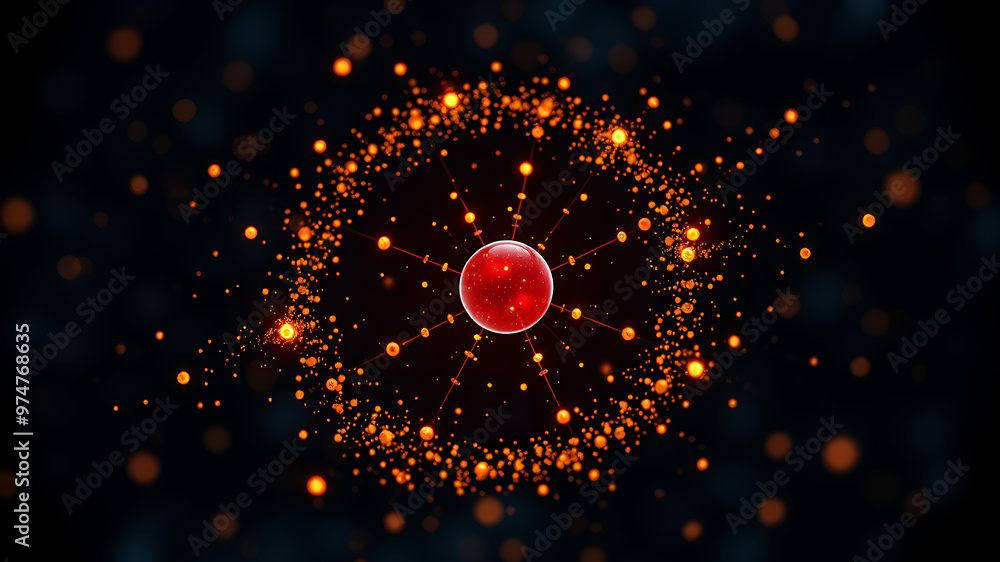 Aufkleber tiny glowing particles orbiting around a nucleus, set against a dark, abstract background to represe