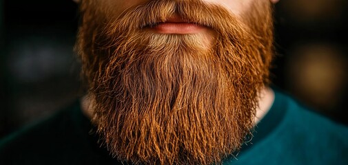 Close-up shot of a well-groomed, reddish-brown beard highlighting texture and fullness in a stylish setting.