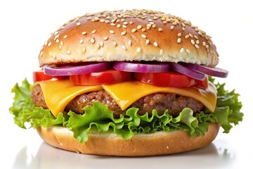 A Juicy Burger With Patty, Cheese, Lettuce, Tomato, Onion, And Ketchup On Sesame Bun, Isolated On White Background