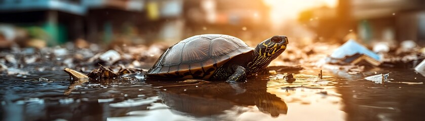 Obraz premium Resilient Reptile Navigating Flooded Urban Landscape