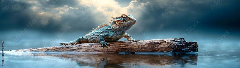 Poster resilient reptile basking on floating log amid stormy landscape reflection