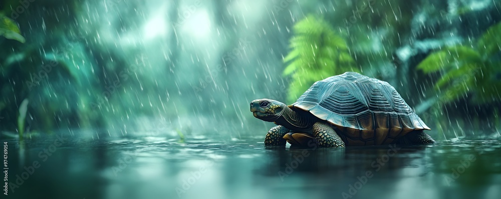 Poster tortoise traversing flooded rainforest path in nature s endurance
