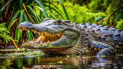 Fototapeta premium A large aggressive alligator with sharp teeth and scaly skin lies in wait, partially submerged in murky swamp waters, surrounded by lush green vegetation.