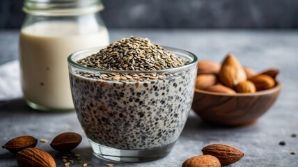 Healthy Chia Seed Pudding with Almonds and Plant-Based Milk in an Artistic Kitchen Setting