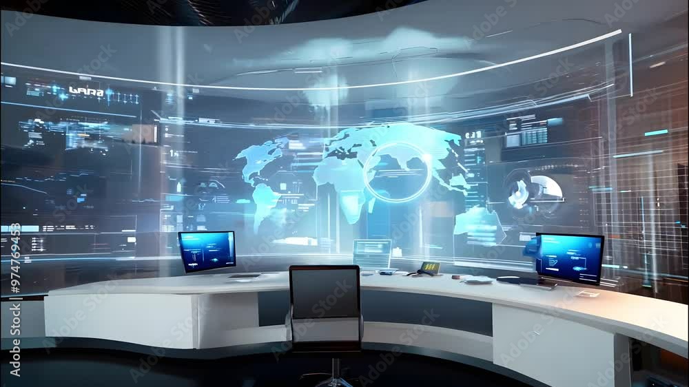 Aufkleber a futuristic office space features advanced digital screens displaying global data with a sleek desk