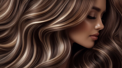 Naklejka premium Vibrant Highlights: Beautiful Woman with Long, Wavy Chestnut and Blonde Hair