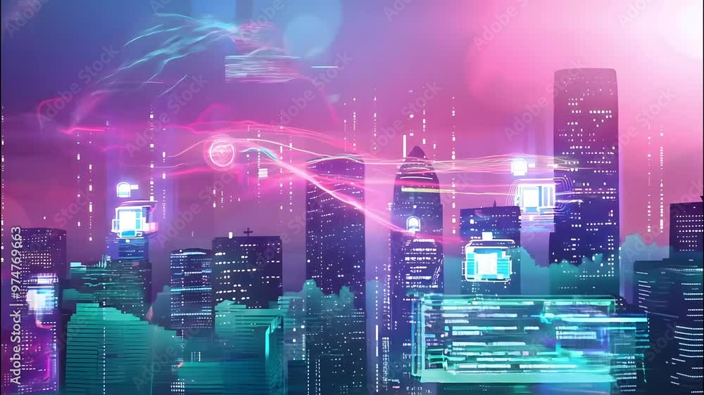 Poster a vibrant city skyline illuminated by neon lights against a colorful background with soft bokeh effe