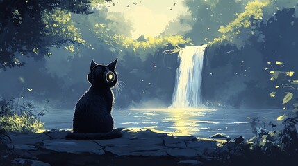 A black cat sits by a waterfall in a lush forest, gazing at the flowing water.