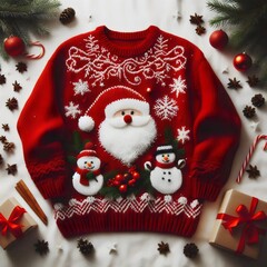 Winter holidays, Christmas and New Year. Bright red sweater with Santa and snowmen. 3D illustration.	
