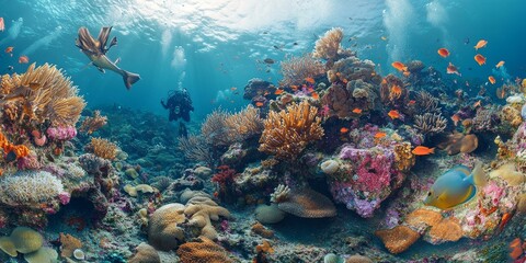 Naklejka premium A diver explores a vibrant coral reef with colorful fish.