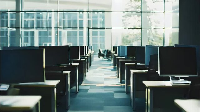 Empty office space with rows of desks and computers illuminated by natural light from large windows creating a serene atmosphere