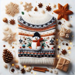 Preparation for the New Year and Christmas. Knitted sweater with a snowman isolated on the background of Christmas decorations. 3D illustration.
