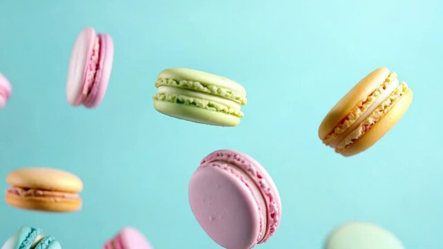 A variety of macarons in pastel colors hover playfully, showcasing their delicate shapes and textures against a blue backdrop
