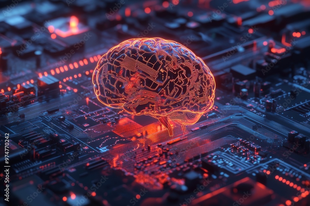 Aufkleber illuminated wireframe brain over circuit board a vision of artificial intelligence and technology