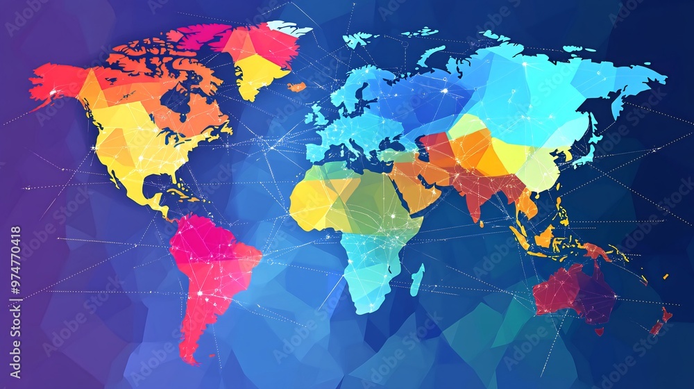 Poster colorful polygonal world map with connecting lines.