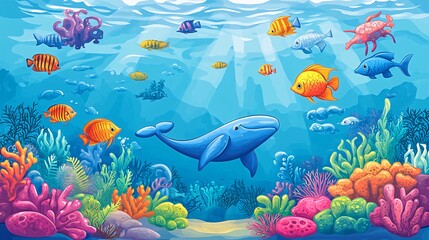 Naklejka premium Colorful underwater scene with a whale, coral reefs, and various fish swimming in the ocean.