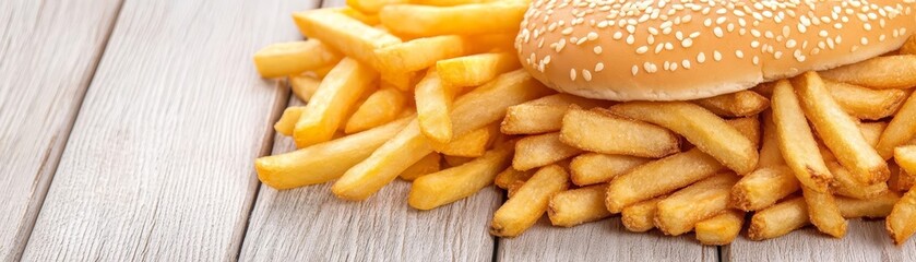 Delicious burger with sesame seed bun alongside crispy golden fries on a wooden surface.