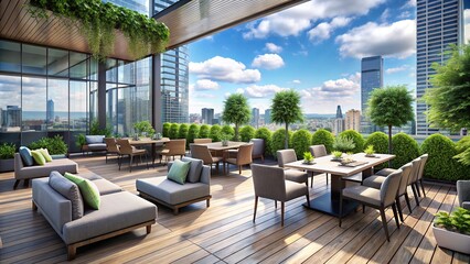 Fototapeta premium A majestic urban skyscraper's rooftop patio offers a serene atmosphere with sleek modern furniture and lush greenery, perfectly set for a peaceful corporate lunch gathering.