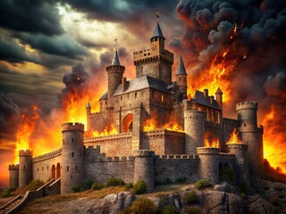 Fototapeta premium A medieval fortress engulfed in a fiery blaze, with flames licking at stone walls and towers, amidst a backdrop of dark, ominous stormy clouds.