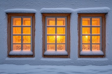 Three Windows Glowing with Warm Light Through Snow-Covered Frames