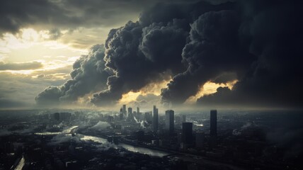 Fototapeta premium Dramatic Urban Skyline with Dark Storm Clouds and Sunlight Breaking Through Over a Modern Cityscape