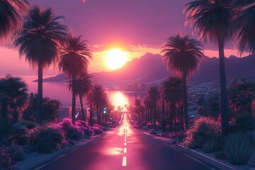 retrofuturistic cityscape bathed in neon hues palmlined streets art deco buildings and distant mountains synthwave aesthetic with pink and teal color palette