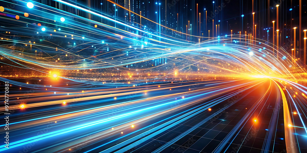 Poster abstract background wave technology network connection digital data stream flow lines blue orange li