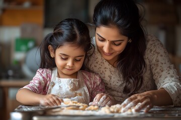 Fototapeta premium mother and daughter baking together, bonding in the kitchen, covered in flour, family moment 