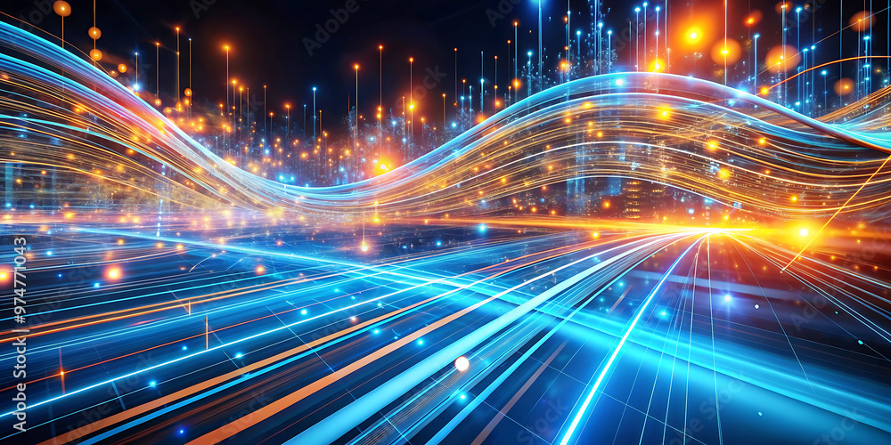 Poster abstract background wave technology network connection digital data stream flow lines blue orange li