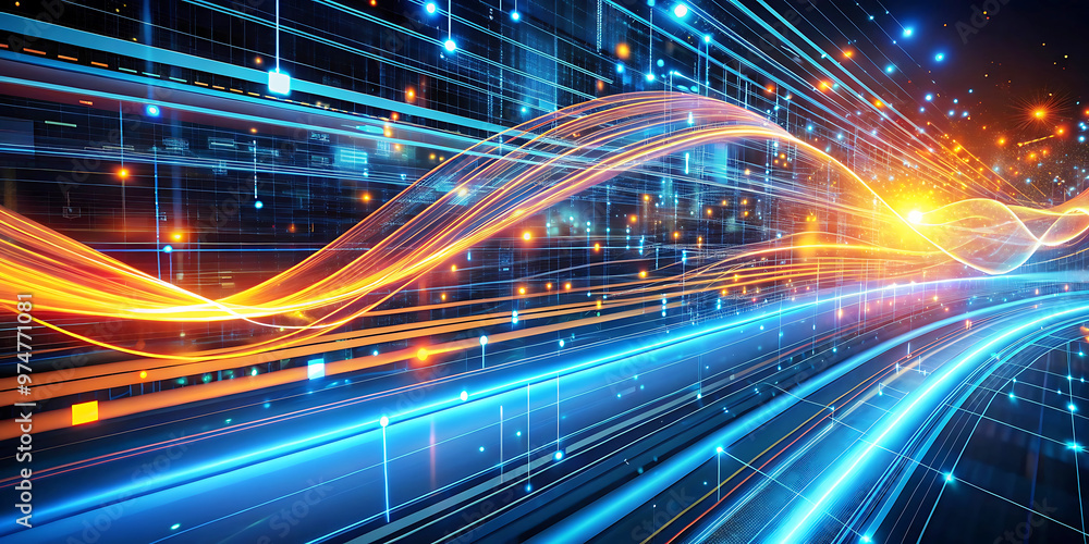 Poster abstract background wave technology network connection digital data stream flow lines blue orange li