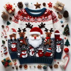 Knitted sweater with a New Year's pattern,  with holiday decorations. 3D rendering.