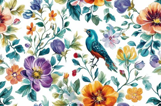 seamless pattern of colorful watercolor floral and bird motifs