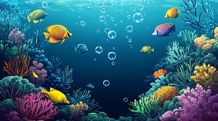 Fototapeta premium Colorful fish swim amongst vibrant coral reefs in a blue ocean.