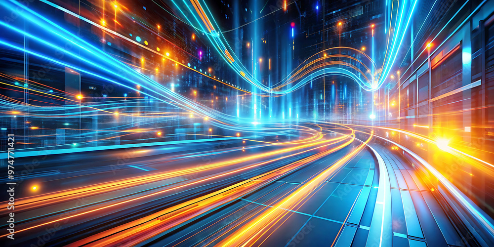Poster abstract background wave technology network connection digital data stream flow lines blue orange li