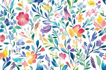 seamless pattern of colorful watercolor floral and bird motifs