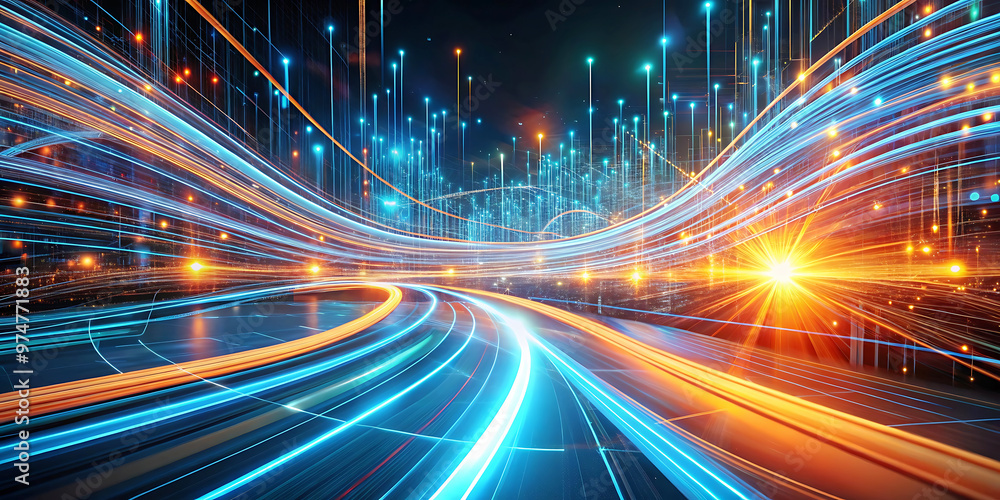 Poster abstract background wave technology network connection digital data stream flow lines blue orange li
