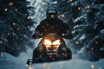 Man in helmet navigates snowmobile through winter forest landscape in ai generated imagery